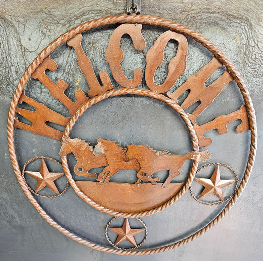 Rustic Welcome with running horse wheel