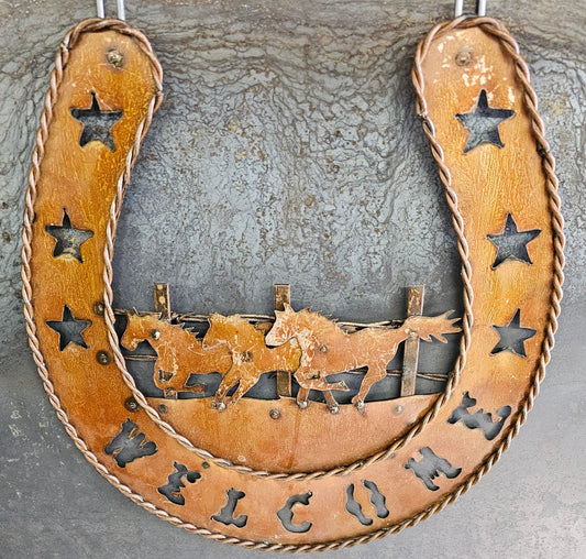 Rustic Welcome Horseshoe with Running Horses